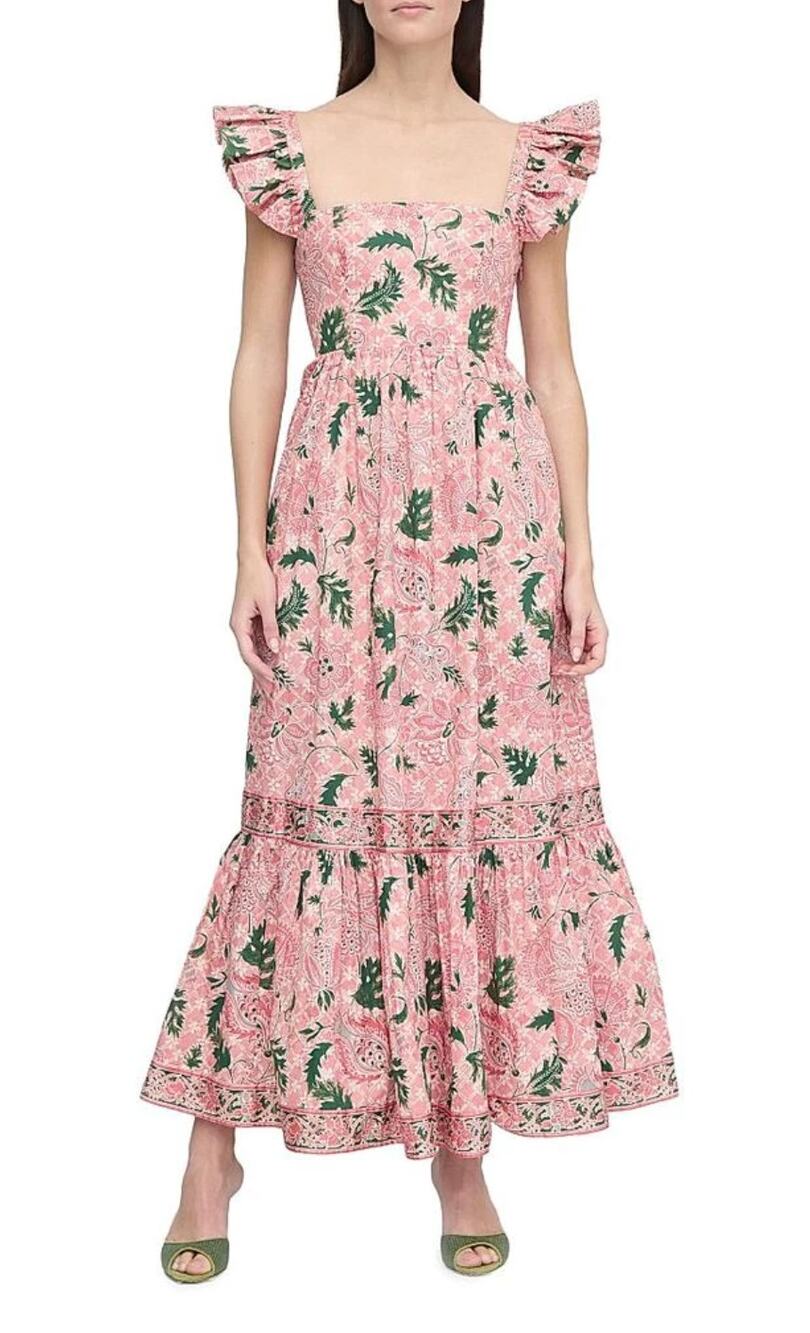 Hill House Home The Pippa Maxi Smocked Dress Rose Calico Trellis Floral Ruffle L